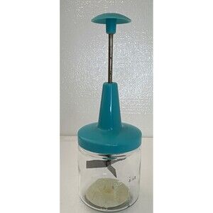 Vintage MCM Androck Manual Push Food Chopper 1 Cup w/ Container Turquoise/Clear